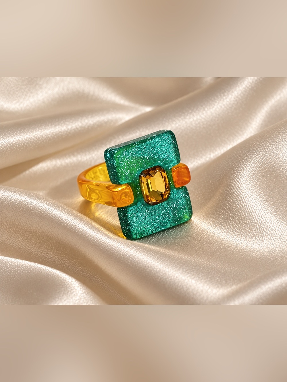 💚 Green & Yellow Geometric Resin Statement Ring | 7 | Crystal | Chunky Acrylic